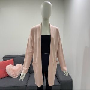 Very Soft Minimalist Light Pink Open-Front Long Cardigan with Two Front Pockets